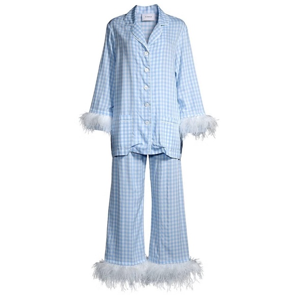 Sleeper NTW 2 piece blue gingham ostrich feather pajamas - Picture 1 of 2